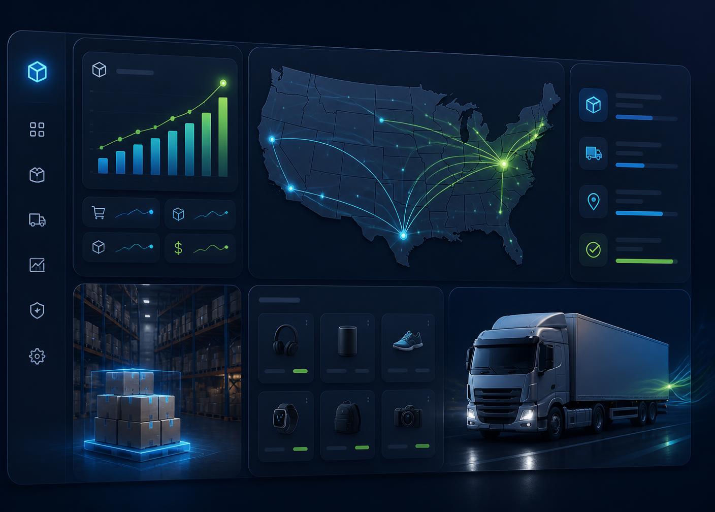Khuti Nati BD warehouse dashboard showing US shipping routes, live order analytics, and same-day fulfillment